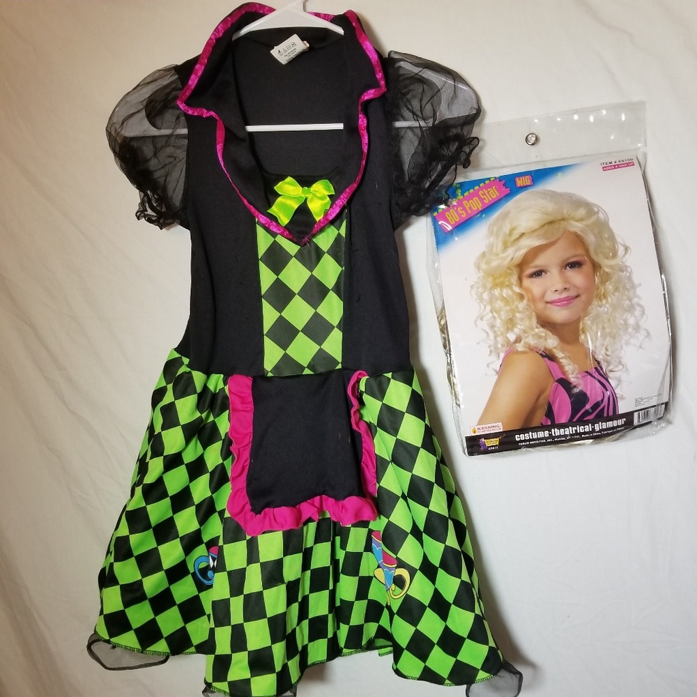 Girls Alice In Wonderland Costume & Wig Sz 10/12